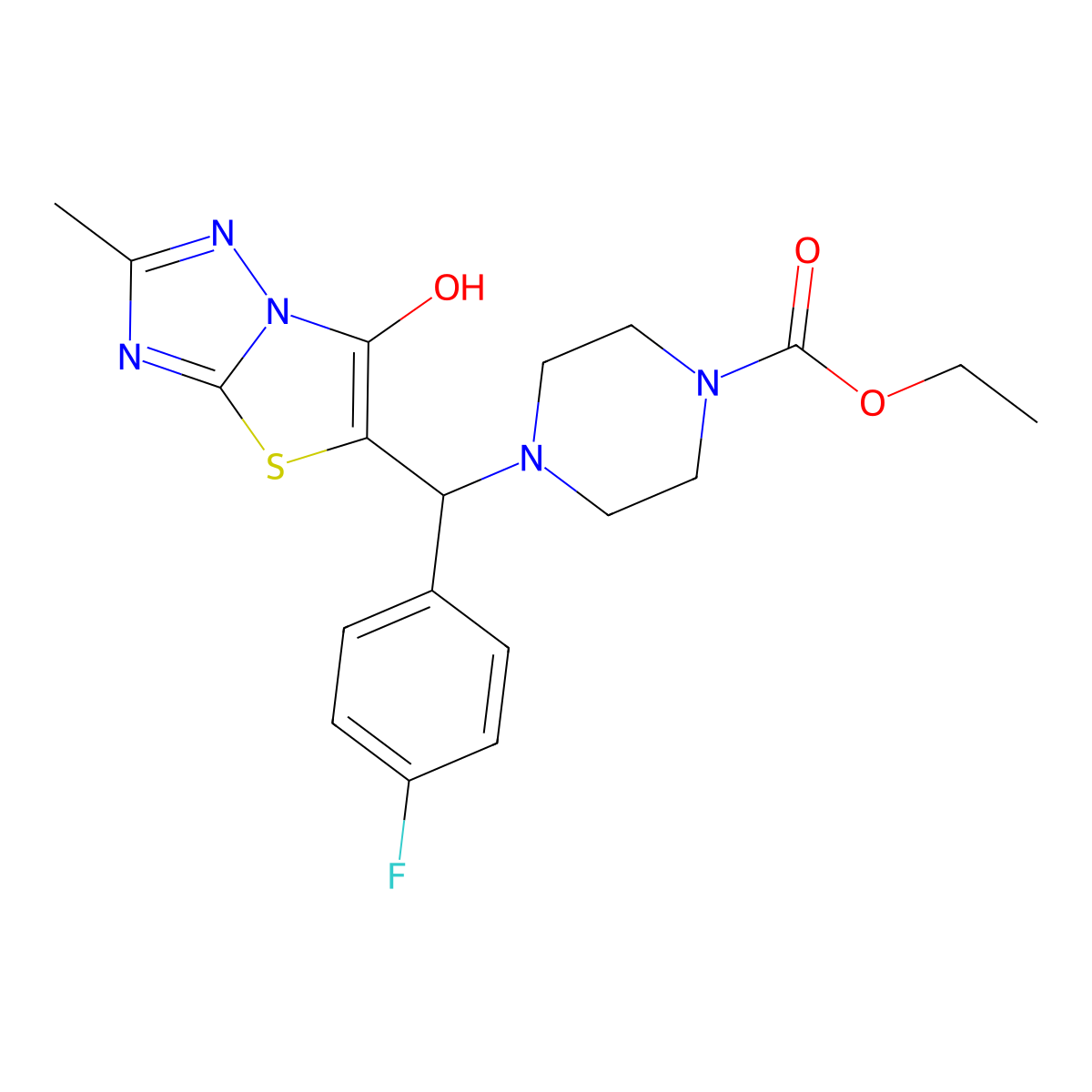 4-[(4-Fluorophenyl)-(6-hydroxy-2-methyl-5-thiazolo[3,2-b][1,2,4]triazolyl)methyl]-1-piperazinecarboxylic acid ethyl ester molecular structure, CAS 851810-79-2