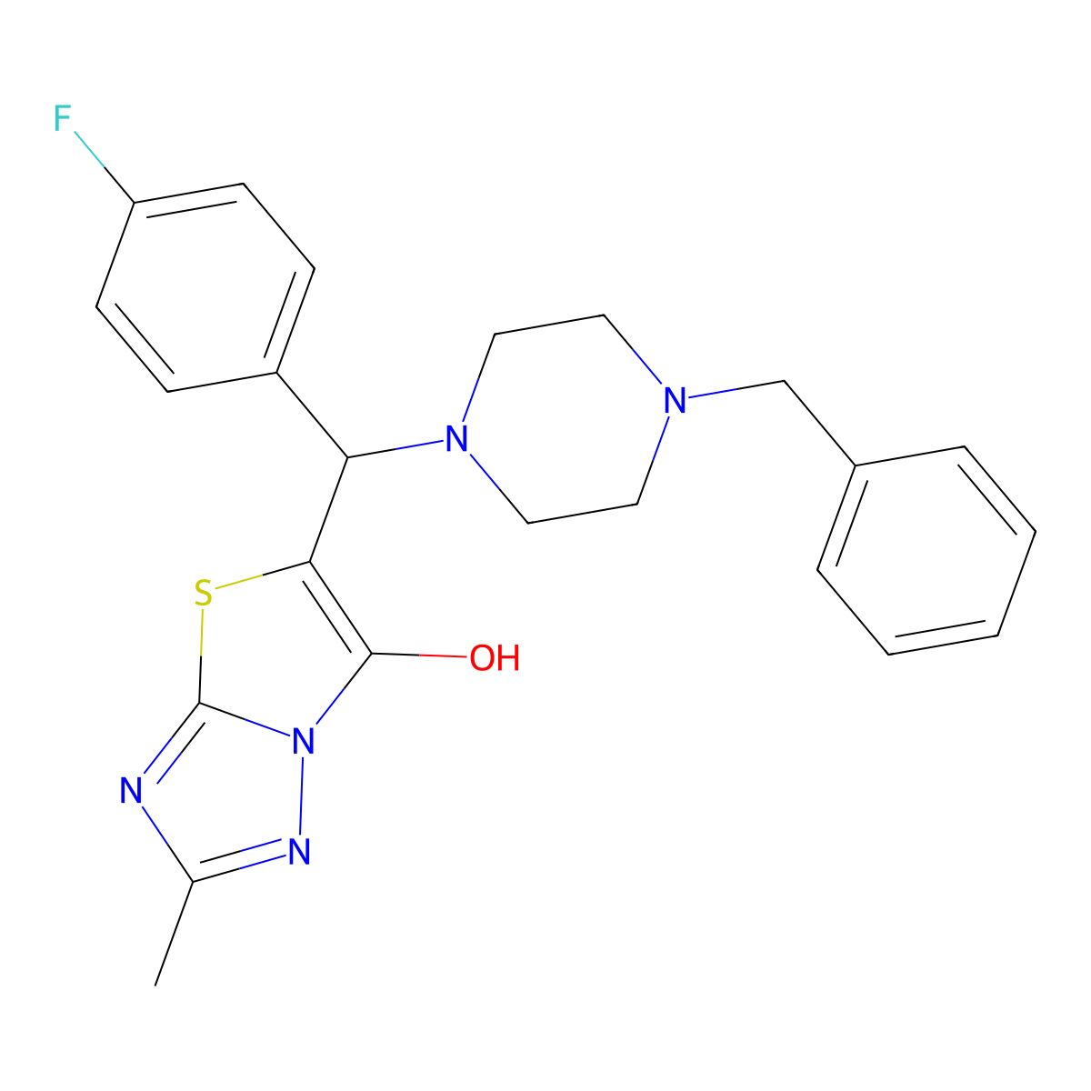 5-((4-Benzylpiperazin-1-yl)(4-fluorophenyl)methyl)-2-methylthiazolo[3,2-b][1,2,4]triazol-6-ol molecular structure, CAS 851810-80-5