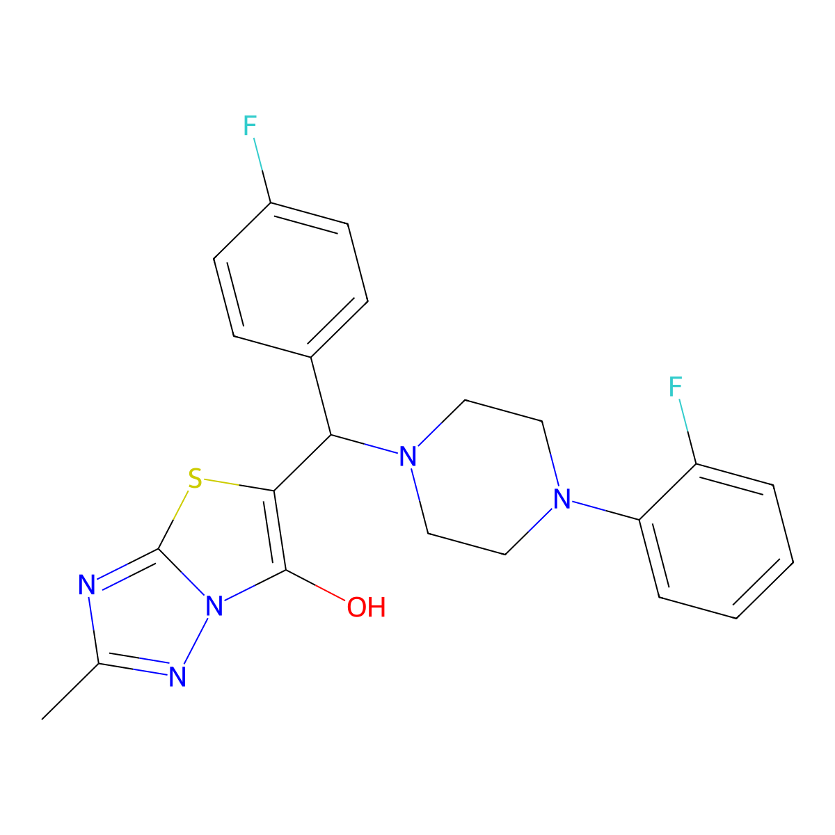 5-((4-Fluorophenyl)(4-(2-fluorophenyl)piperazin-1-yl)methyl)-2-methylthiazolo[3,2-b][1,2,4]triazol-6-ol molecular structure, CAS 851810-82-7