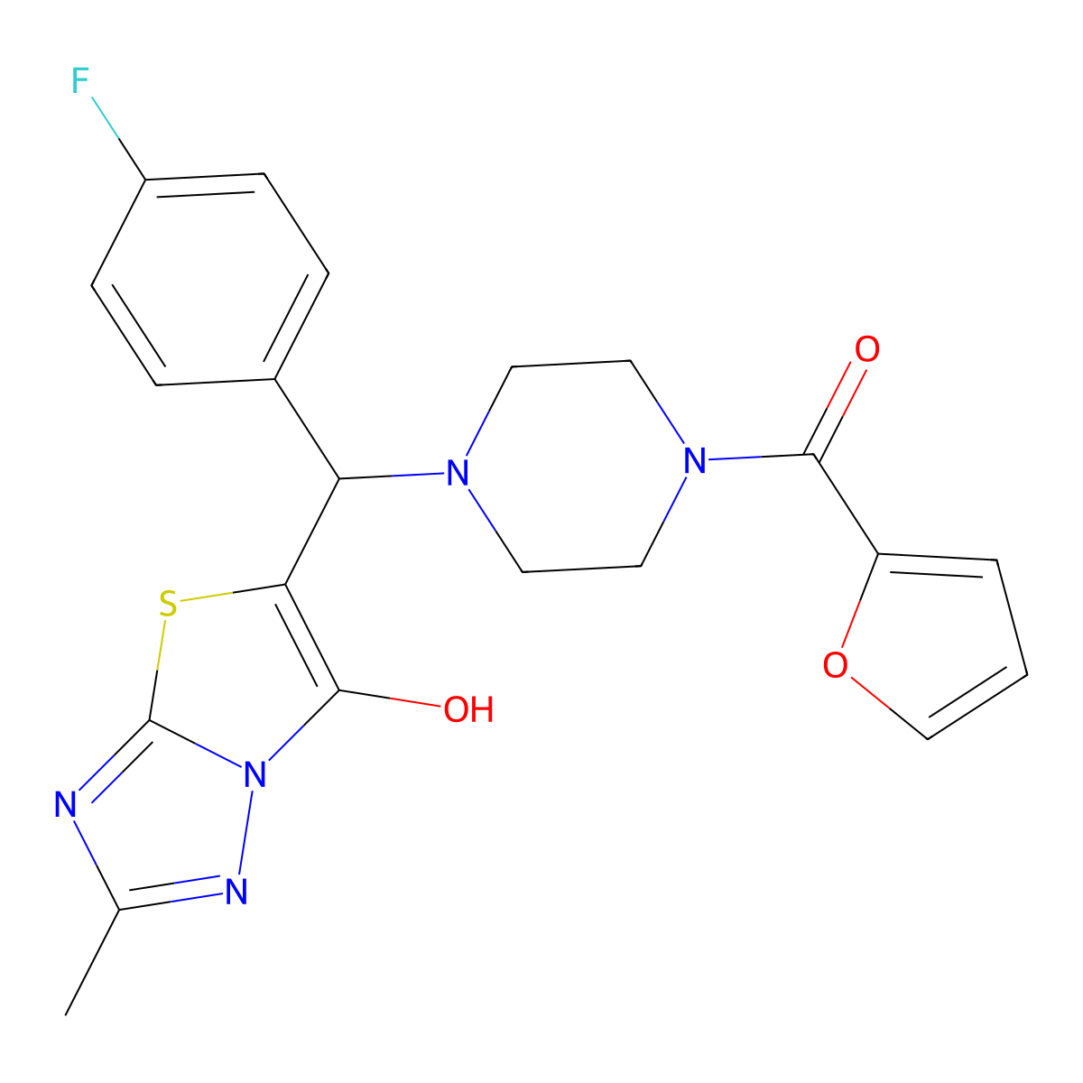 (4-((4-Fluorophenyl)(6-hydroxy-2-methylthiazolo[3,2-b][1,2,4]triazol-5-yl)methyl)piperazin-1-yl)(furan-2-yl)methanone molecular structure, CAS 851810-85-0