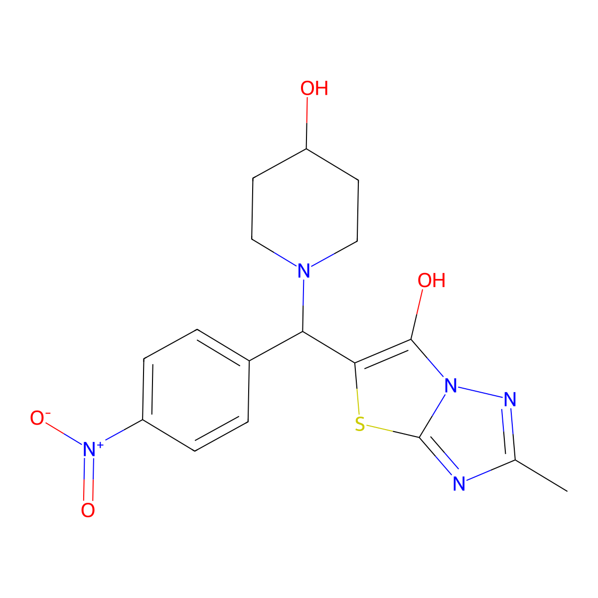 5-((4-Hydroxypiperidin-1-yl)(4-nitrophenyl)methyl)-2-methylthiazolo[3,2-b][1,2,4]triazol-6-ol molecular structure, CAS 851810-90-7