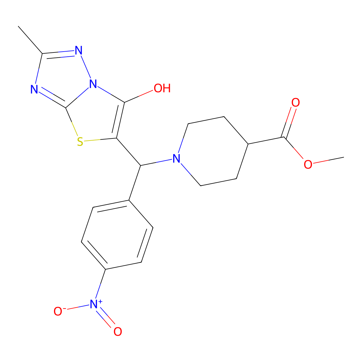 Methyl 1-((6-hydroxy-2-methylthiazolo[3,2-b][1,2,4]triazol-5-yl)(4-nitrophenyl)methyl)piperidine-4-carboxylate molecular structure, CAS 851810-91-8