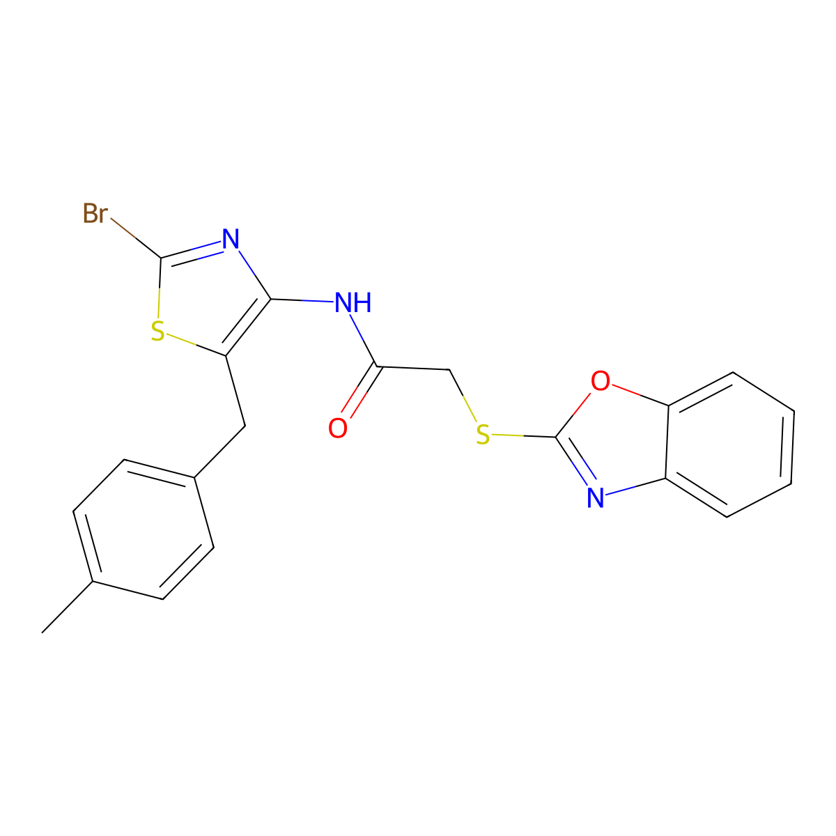 2-(1,3-benzoxazol-2-ylsulfanyl)-N-[2-bromo-5-(4-methylbenzyl)-1,3-thiazol-4-yl]acetamide molecular structure, CAS 851814-29-4
