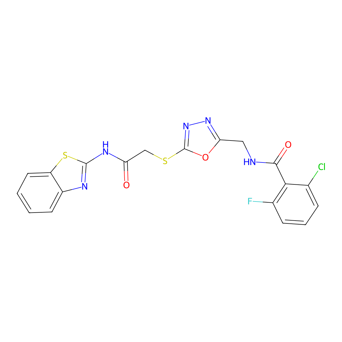 N-((5-((2-(benzo[d]thiazol-2-ylamino)-2-oxoethyl)thio)-1,3,4-oxadiazol-2-yl)methyl)-2-chloro-6-fluorobenzamide molecular structure, CAS 851860-49-6