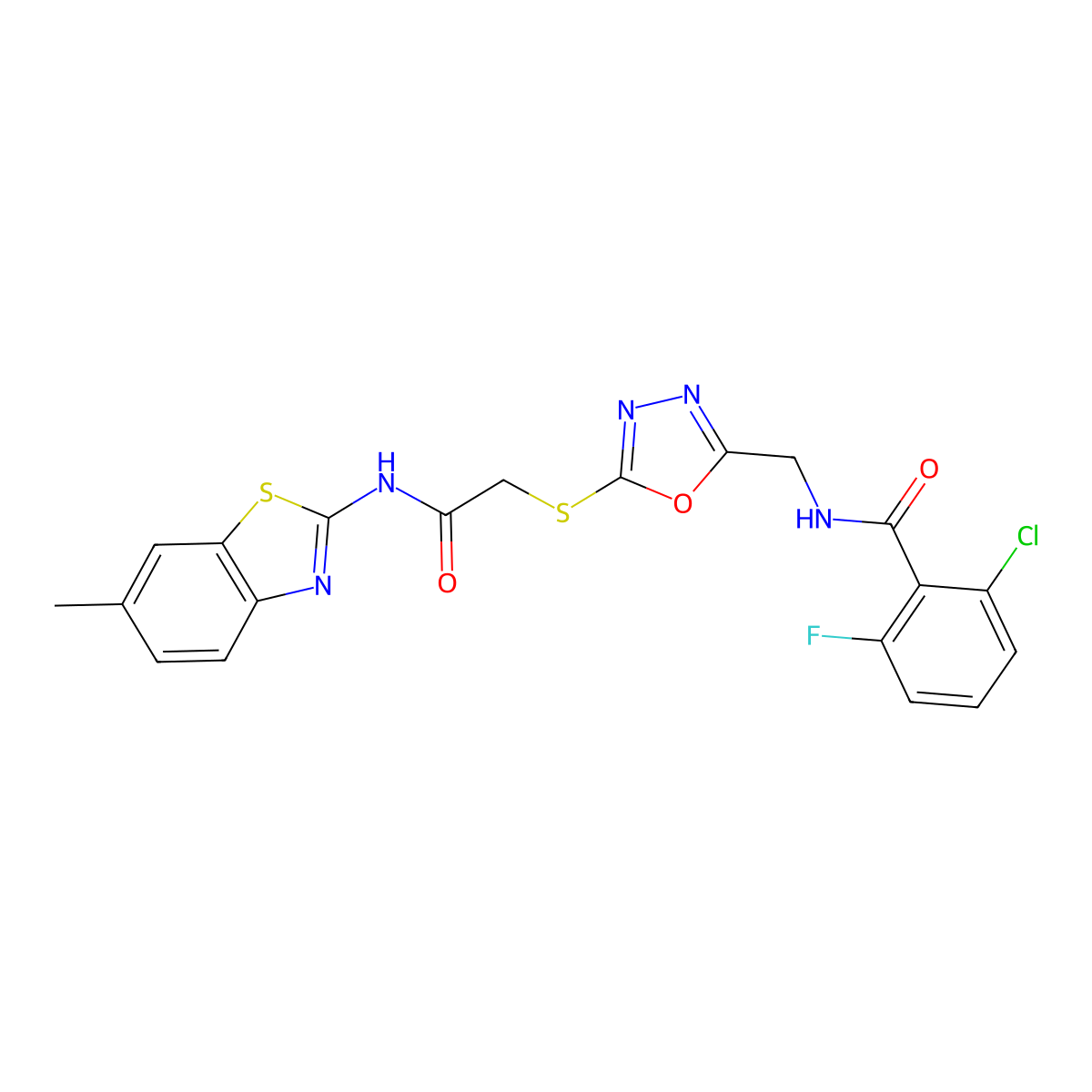 2-chloro-6-fluoro-N-((5-((2-((6-methylbenzo[d]thiazol-2-yl)amino)-2-oxoethyl)thio)-1,3,4-oxadiazol-2-yl)methyl)benzamide molecular structure, CAS 851860-50-9