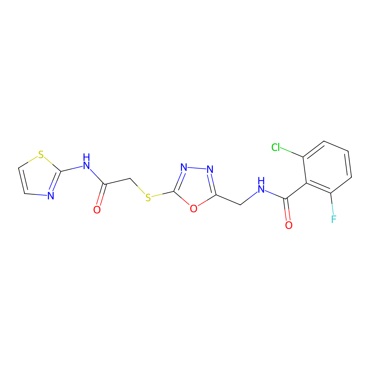 2-chloro-6-fluoro-N-((5-((2-oxo-2-(thiazol-2-ylamino)ethyl)thio)-1,3,4-oxadiazol-2-yl)methyl)benzamide molecular structure, CAS 851860-51-0
