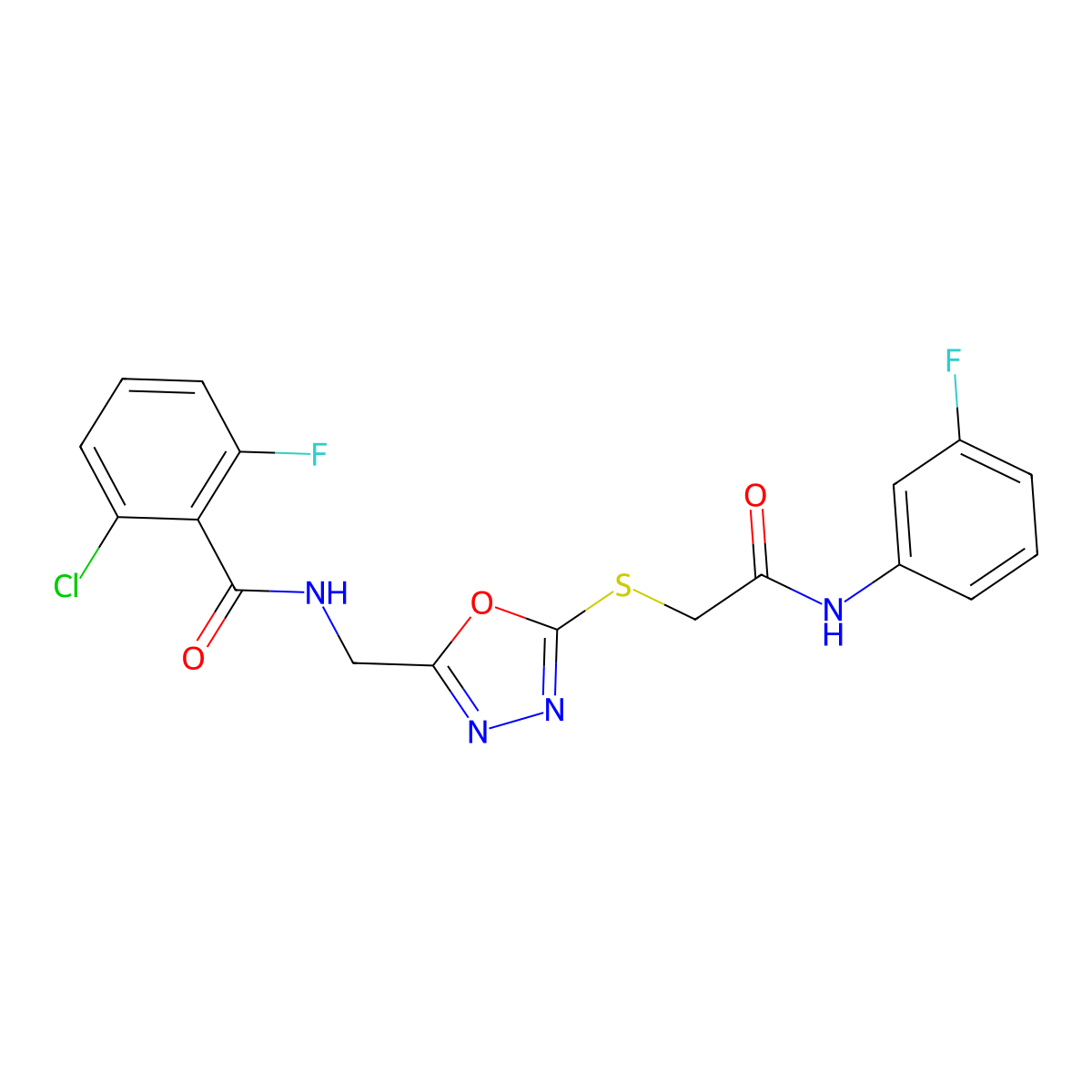 2-chloro-6-fluoro-N-((5-((2-((3-fluorophenyl)amino)-2-oxoethyl)thio)-1,3,4-oxadiazol-2-yl)methyl)benzamide molecular structure, CAS 851860-53-2