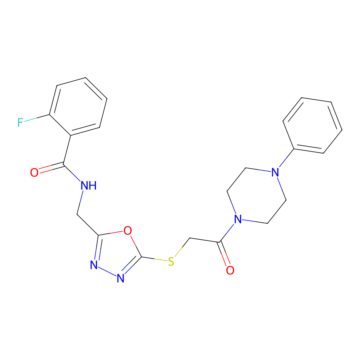 2-fluoro-N-[[5-[2-oxo-2-(4-phenylpiperazin-1-yl)ethyl]sulfanyl-1,3,4-oxadiazol-2-yl]methyl]benzamide molecular structure, CAS 851860-73-6