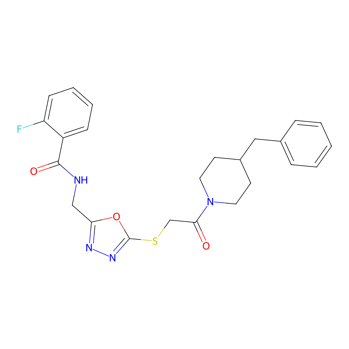N-((5-((2-(4-benzylpiperidin-1-yl)-2-oxoethyl)thio)-1,3,4-oxadiazol-2-yl)methyl)-2-fluorobenzamide molecular structure, CAS 851860-74-7