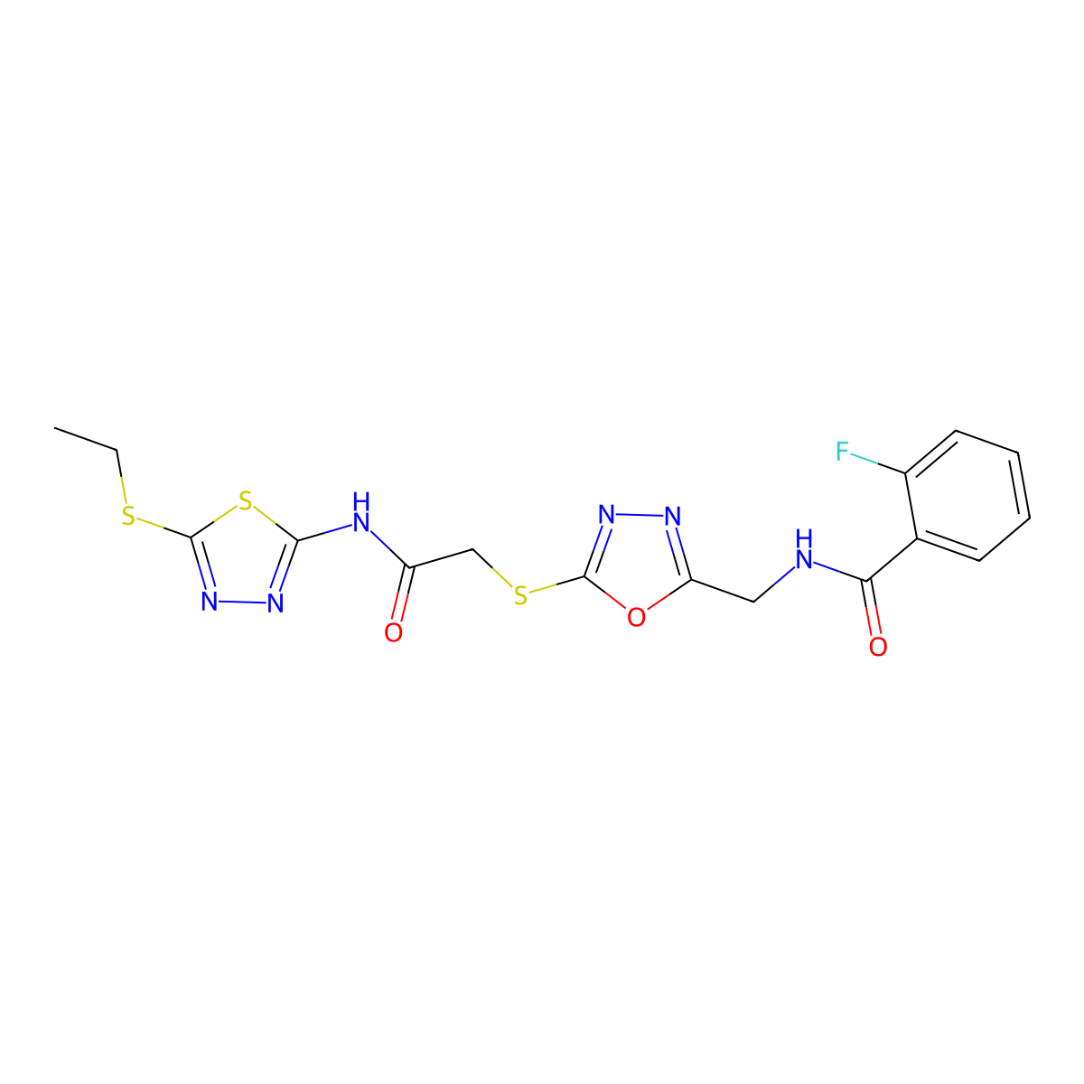 N-[[5-[2-[(5-ethylsulfanyl-1,3,4-thiadiazol-2-yl)amino]-2-oxoethyl]sulfanyl-1,3,4-oxadiazol-2-yl]methyl]-2-fluorobenzamide molecular structure, CAS 851860-80-5