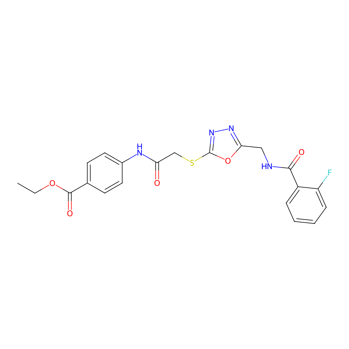 Ethyl 4-({[(5-{[(2-fluorobenzoyl)amino]methyl}-1,3,4-oxadiazol-2-yl)thio]acetyl}amino)benzoate molecular structure, CAS 851860-84-9