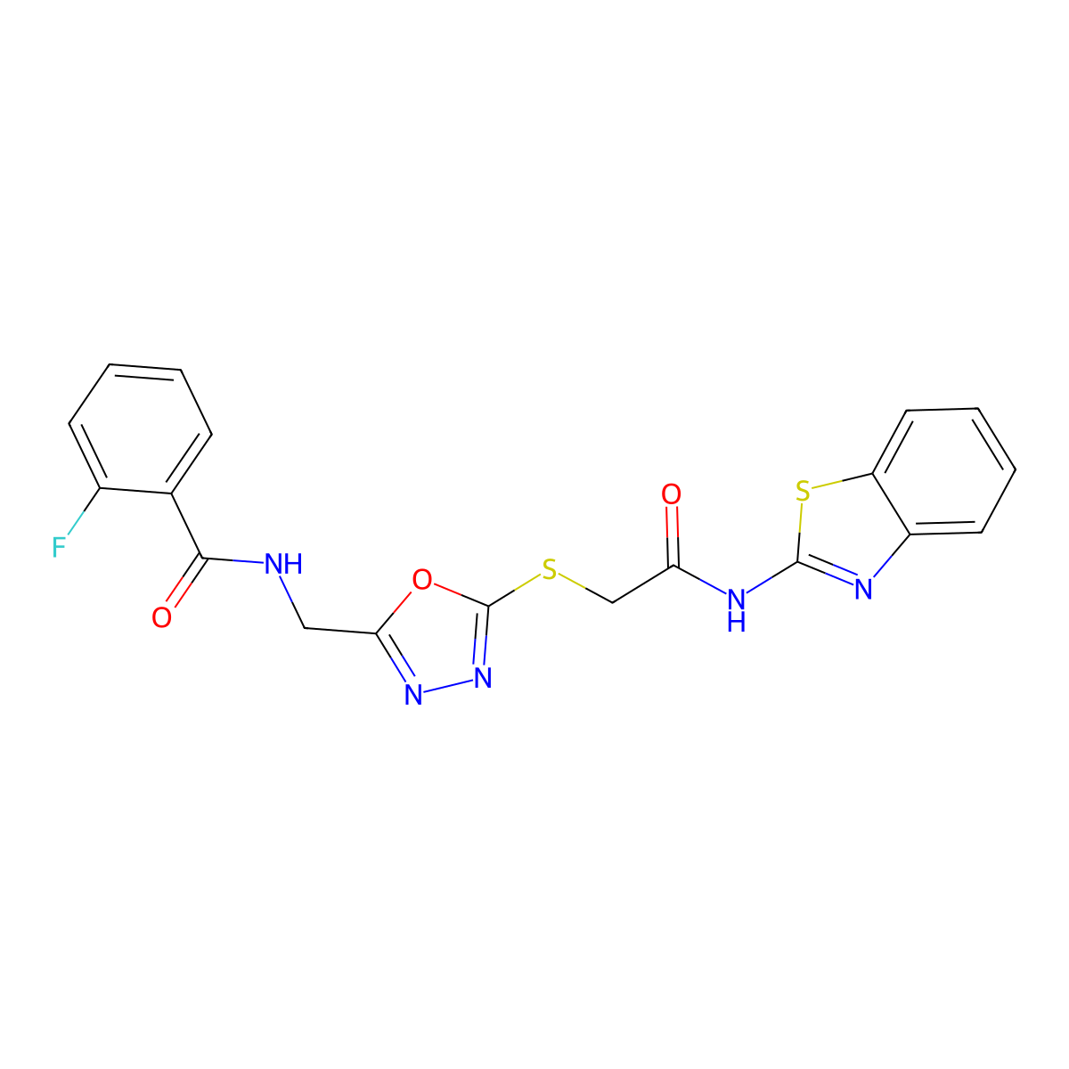 N-((5-((2-(benzo[d]thiazol-2-ylamino)-2-oxoethyl)thio)-1,3,4-oxadiazol-2-yl)methyl)-2-fluorobenzamide molecular structure, CAS 851861-04-6