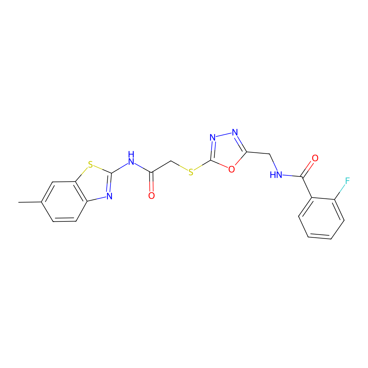 2-fluoro-N-((5-((2-((6-methylbenzo[d]thiazol-2-yl)amino)-2-oxoethyl)thio)-1,3,4-oxadiazol-2-yl)methyl)benzamide molecular structure, CAS 851861-05-7