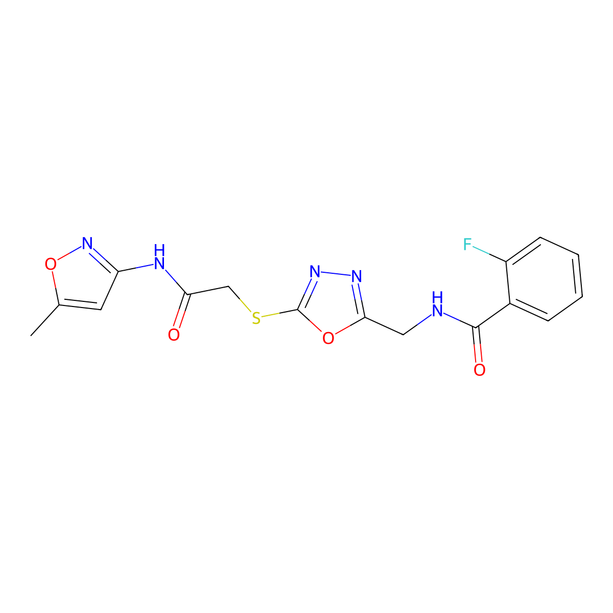 2-fluoro-N-((5-((2-((5-methylisoxazol-3-yl)amino)-2-oxoethyl)thio)-1,3,4-oxadiazol-2-yl)methyl)benzamide molecular structure, CAS 851861-06-8