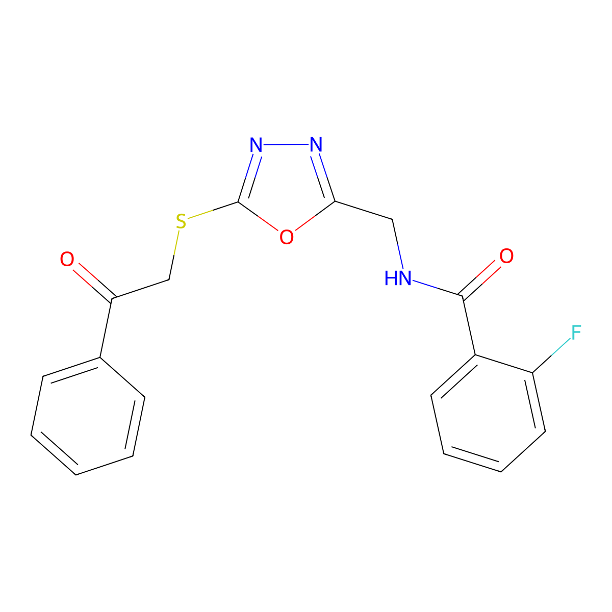2-fluoro-N-({5-[(2-oxo-2-phenylethyl)thio]-1,3,4-oxadiazol-2-yl}methyl)benzamide molecular structure, CAS 851861-30-8