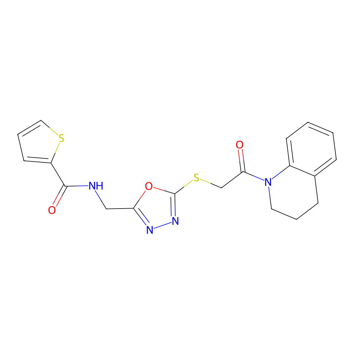 N-((5-((2-(3,4-dihydroquinolin-1(2H)-yl)-2-oxoethyl)thio)-1,3,4-oxadiazol-2-yl)methyl)thiophene-2-carboxamide molecular structure, CAS 851861-40-0