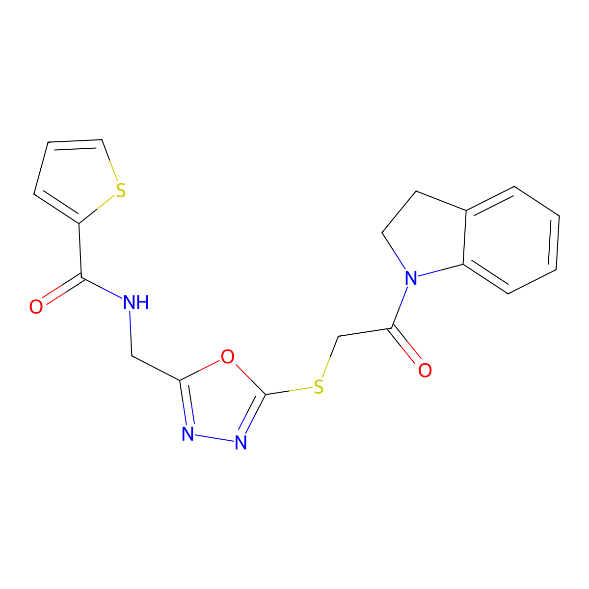 N-((5-((2-(indolin-1-yl)-2-oxoethyl)thio)-1,3,4-oxadiazol-2-yl)methyl)thiophene-2-carboxamide molecular structure, CAS 851861-41-1
