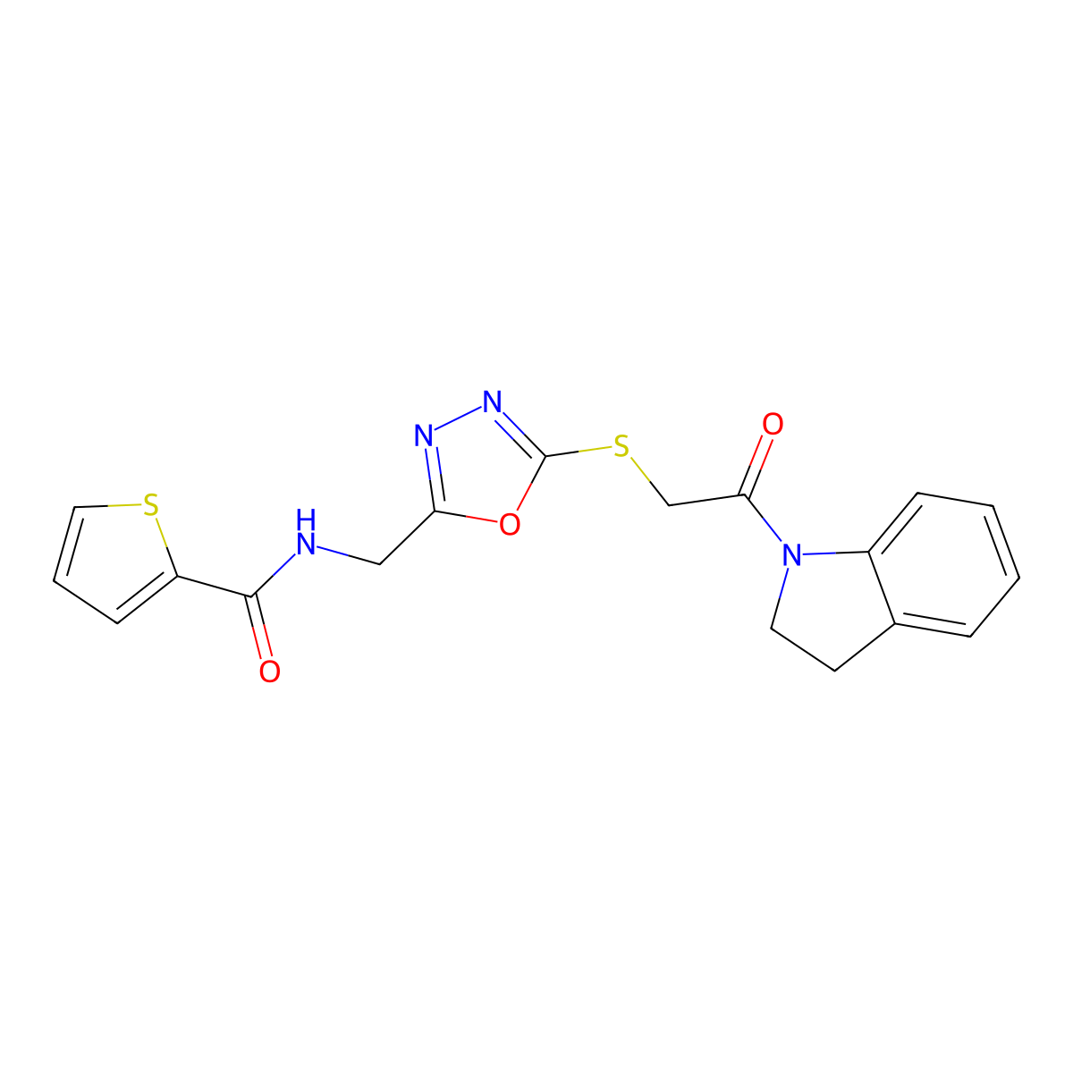 N-((5-((2-(indolin-1-yl)-2-oxoethyl)thio)-1,3,4-oxadiazol-2-yl)methyl)thiophene-2-carboxamide molecular structure, CAS 851861-41-1
