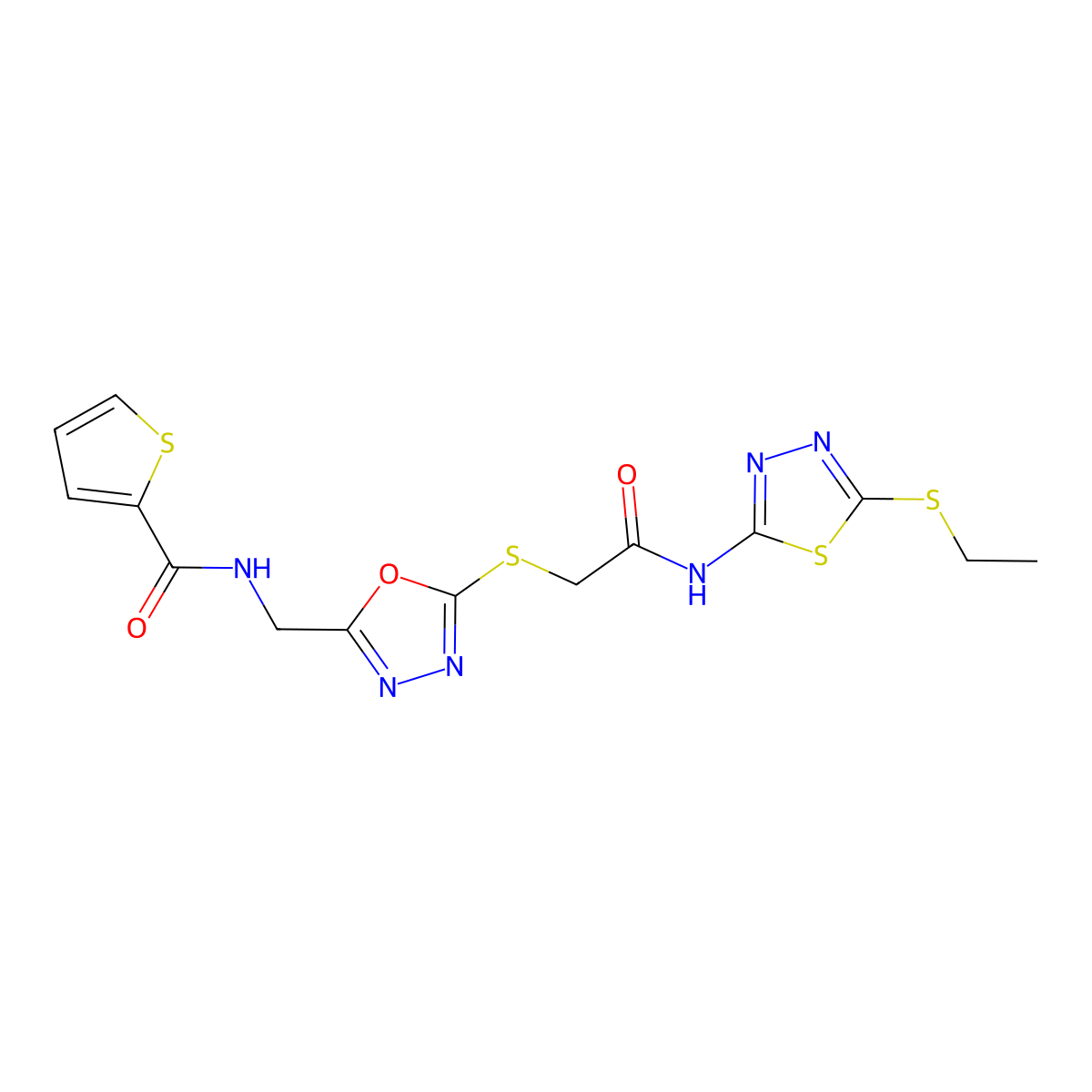 N-[[5-[2-[(5-ethylsulfanyl-1,3,4-thiadiazol-2-yl)amino]-2-oxoethyl]sulfanyl-1,3,4-oxadiazol-2-yl]methyl]thiophene-2-carboxamide molecular structure, CAS 851861-44-4