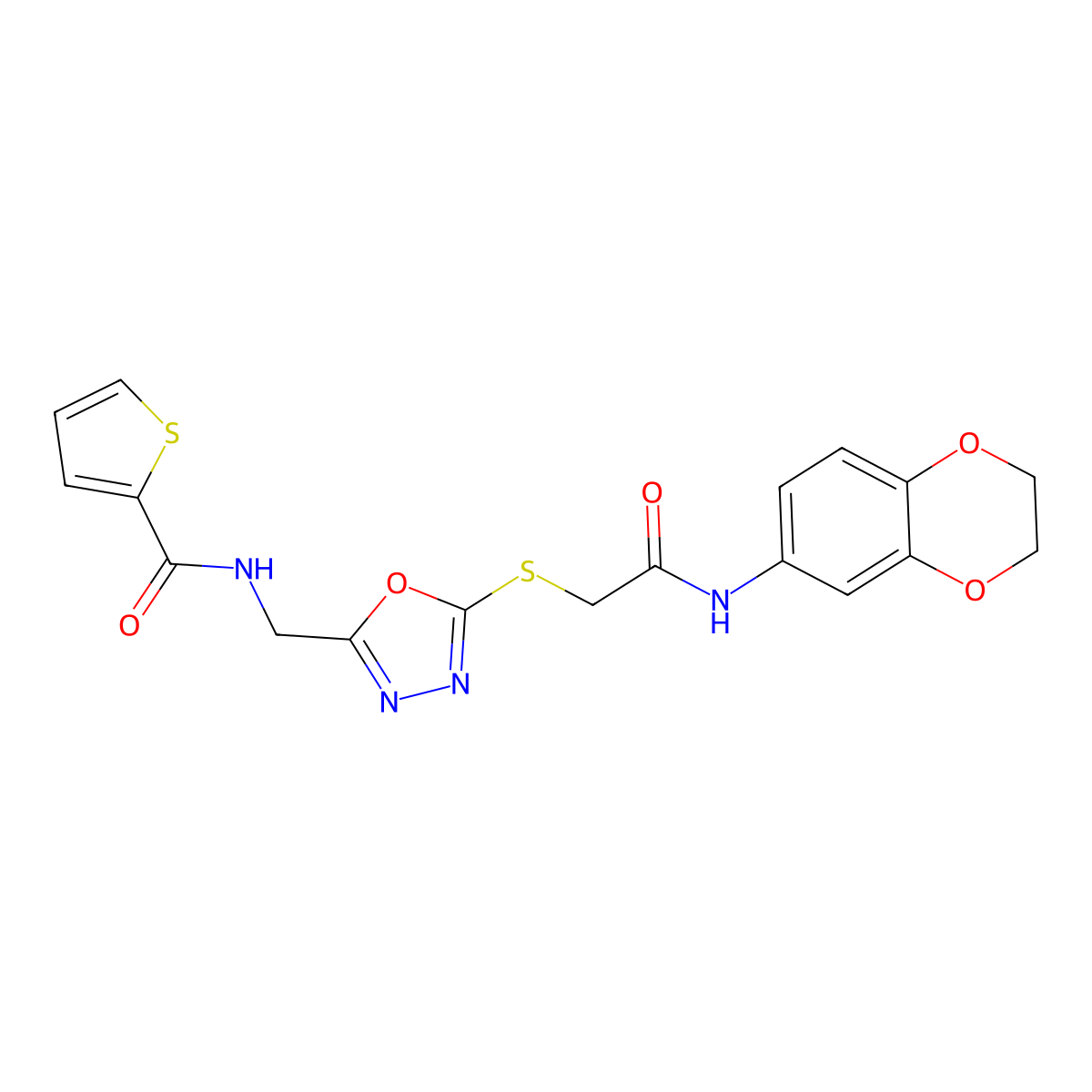 N-((5-((2-((2,3-dihydrobenzo[b][1,4]dioxin-6-yl)amino)-2-oxoethyl)thio)-1,3,4-oxadiazol-2-yl)methyl)thiophene-2-carboxamide molecular structure, CAS 851861-63-7