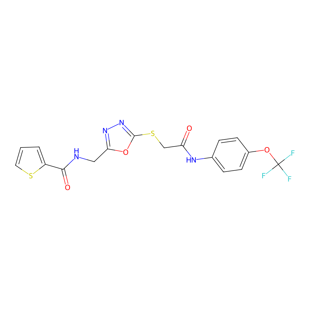 N-[[5-[2-oxo-2-[4-(trifluoromethoxy)anilino]ethyl]sulfanyl-1,3,4-oxadiazol-2-yl]methyl]thiophene-2-carboxamide molecular structure, CAS 851861-66-0