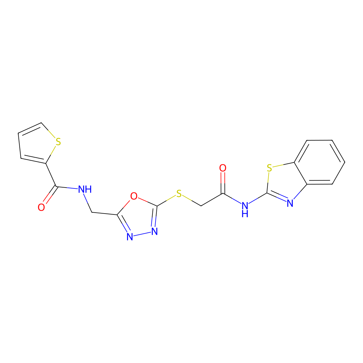 N-((5-((2-(benzo[d]thiazol-2-ylamino)-2-oxoethyl)thio)-1,3,4-oxadiazol-2-yl)methyl)thiophene-2-carboxamide molecular structure, CAS 851861-69-3