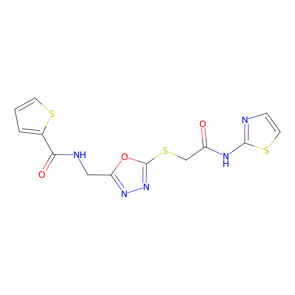 N-((5-((2-oxo-2-(thiazol-2-ylamino)ethyl)thio)-1,3,4-oxadiazol-2-yl)methyl)thiophene-2-carboxamide molecular structure, CAS 851861-71-7