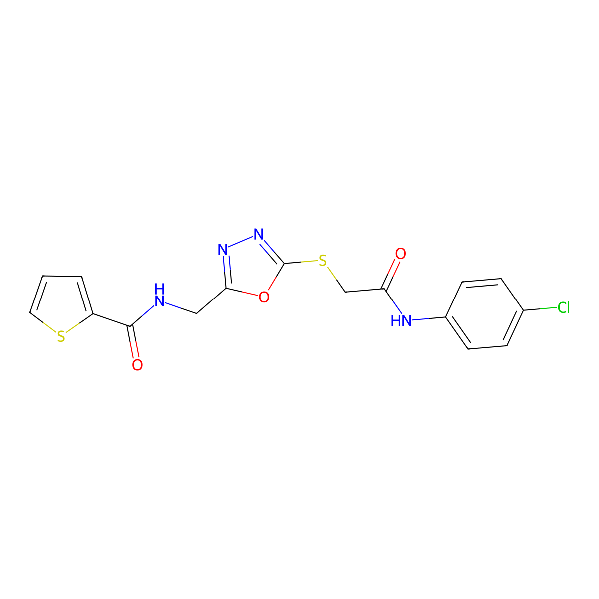 N-((5-((2-((4-chlorophenyl)amino)-2-oxoethyl)thio)-1,3,4-oxadiazol-2-yl)methyl)thiophene-2-carboxamide molecular structure, CAS 851861-74-0