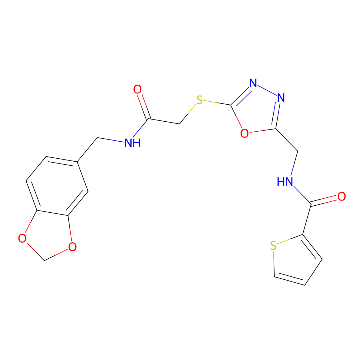 N-[[5-[2-(1,3-benzodioxol-5-ylmethylamino)-2-oxoethyl]sulfanyl-1,3,4-oxadiazol-2-yl]methyl]thiophene-2-carboxamide molecular structure, CAS 851861-90-0