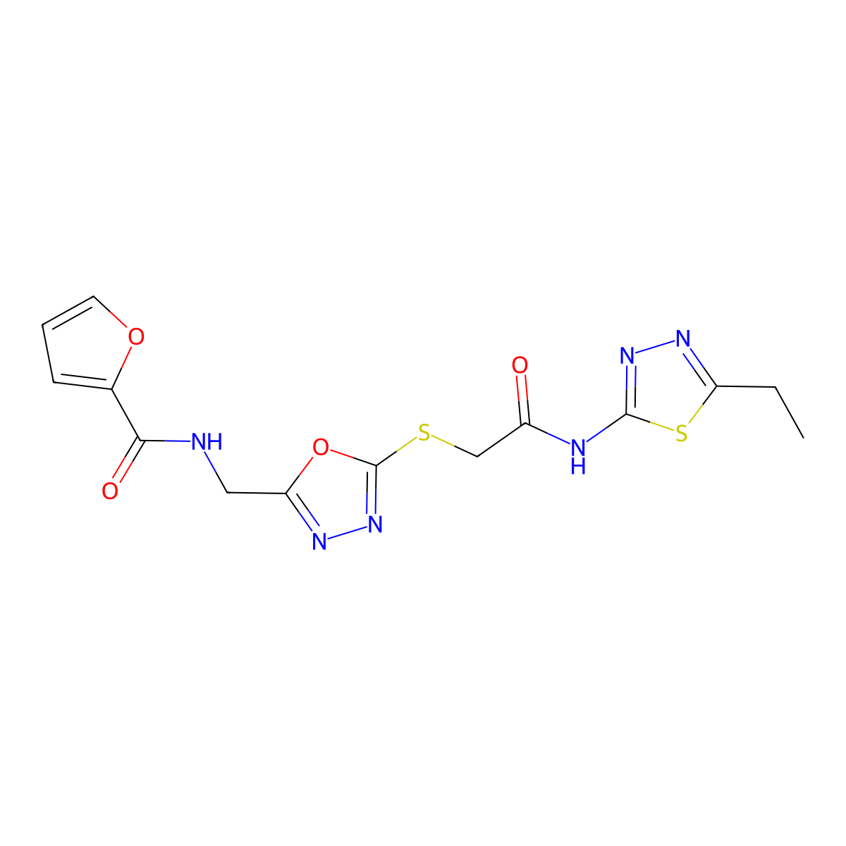 N-((5-((2-((5-ethyl-1,3,4-thiadiazol-2-yl)amino)-2-oxoethyl)thio)-1,3,4-oxadiazol-2-yl)methyl)furan-2-carboxamide molecular structure, CAS 851862-08-3