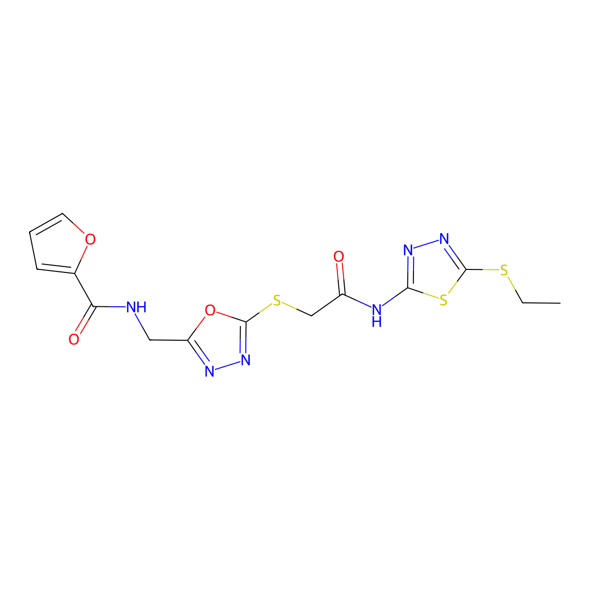 N-[[5-[2-[(5-ethylsulfanyl-1,3,4-thiadiazol-2-yl)amino]-2-oxoethyl]sulfanyl-1,3,4-oxadiazol-2-yl]methyl]furan-2-carboxamide molecular structure, CAS 851862-09-4