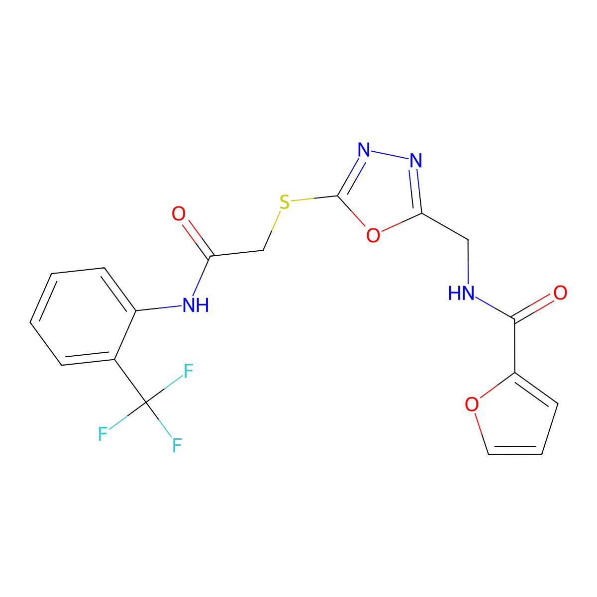 N-({5-[({[2-(Trifluoromethyl)phenyl]carbamoyl}methyl)sulfanyl]-1,3,4-oxadiazol-2-YL}methyl)furan-2-carboxamide molecular structure, CAS 851862-11-8