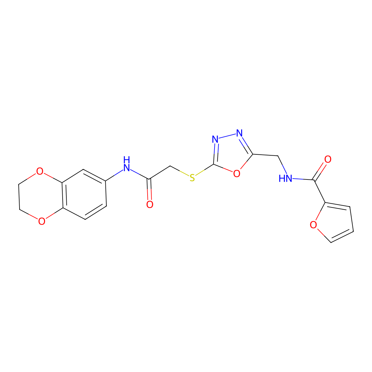N-[[5-[2-(2,3-dihydro-1,4-benzodioxin-6-ylamino)-2-oxoethyl]sulfanyl-1,3,4-oxadiazol-2-yl]methyl]furan-2-carboxamide molecular structure, CAS 851862-27-6