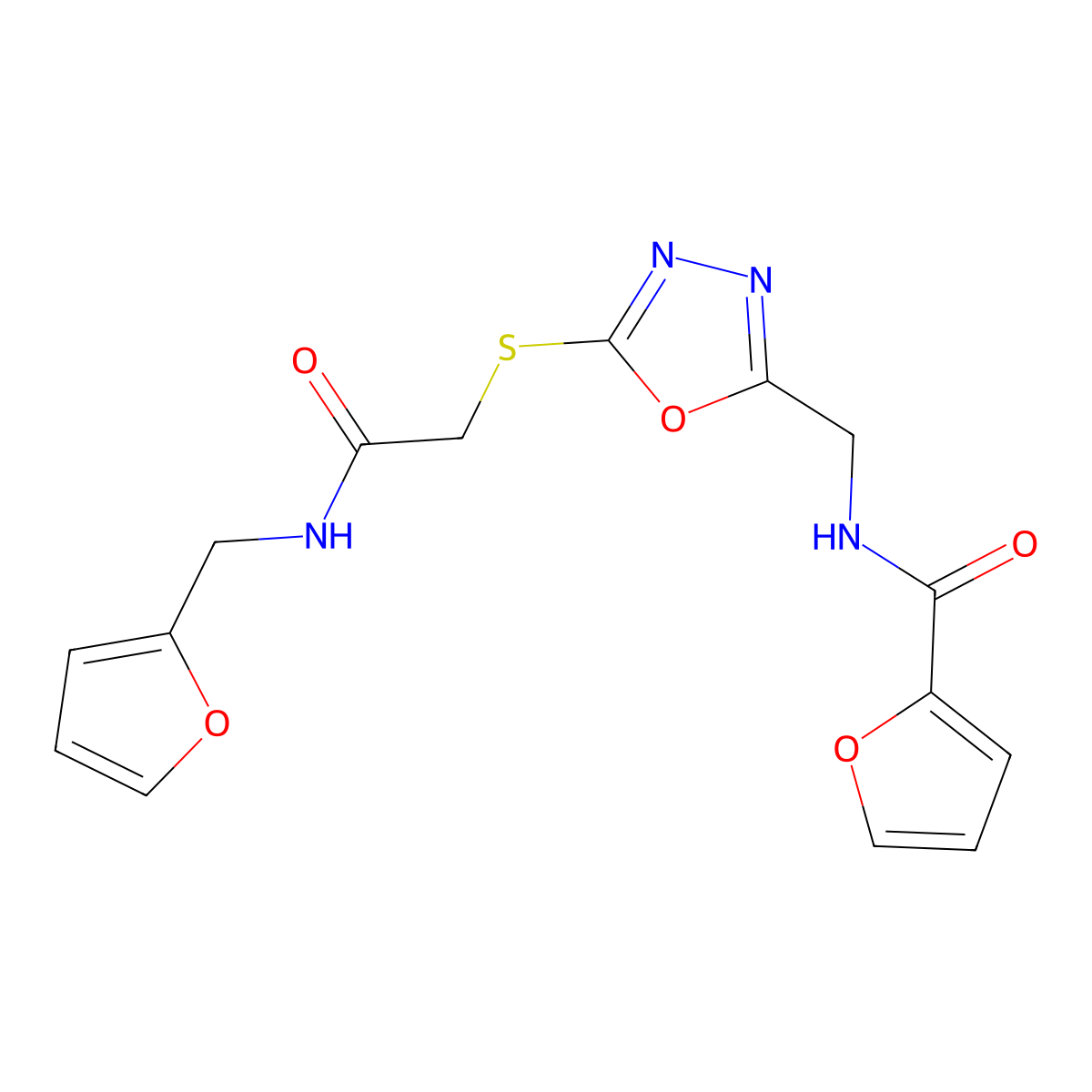 N-((5-((2-((furan-2-ylmethyl)amino)-2-oxoethyl)thio)-1,3,4-oxadiazol-2-yl)methyl)furan-2-carboxamide molecular structure, CAS 851862-31-2