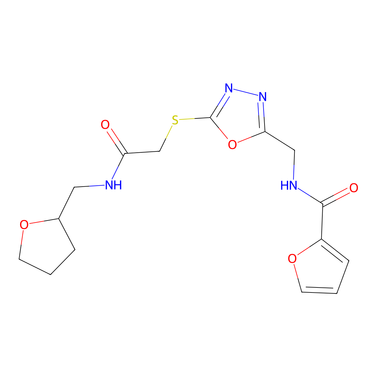 N-((5-((2-oxo-2-(((tetrahydrofuran-2-yl)methyl)amino)ethyl)thio)-1,3,4-oxadiazol-2-yl)methyl)furan-2-carboxamide molecular structure, CAS 851862-32-3