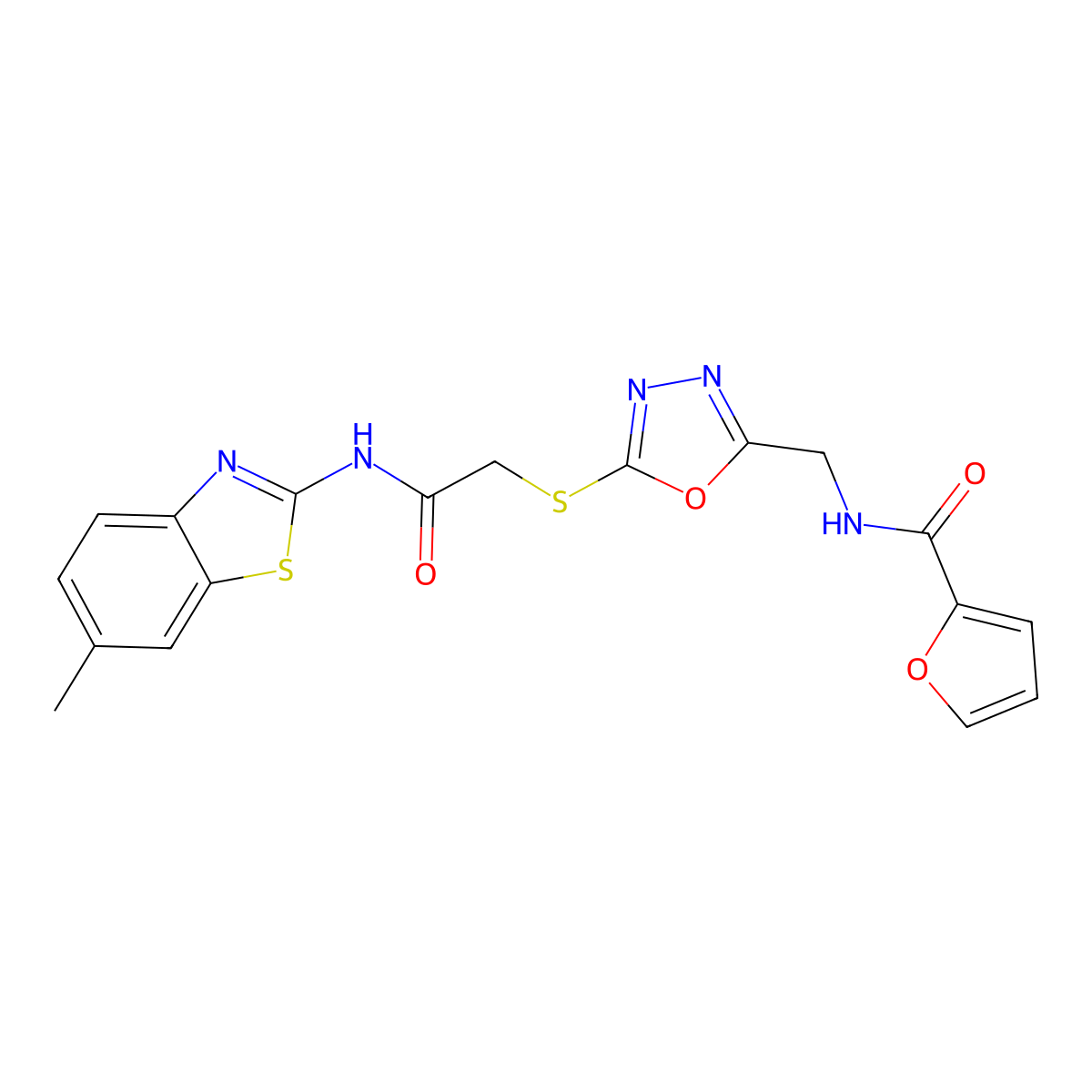 N-((5-((2-((6-methylbenzo[d]thiazol-2-yl)amino)-2-oxoethyl)thio)-1,3,4-oxadiazol-2-yl)methyl)furan-2-carboxamide molecular structure, CAS 851862-34-5