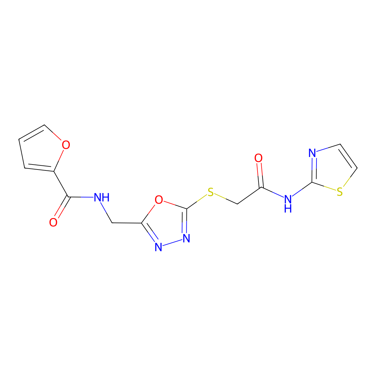 N-((5-((2-oxo-2-(thiazol-2-ylamino)ethyl)thio)-1,3,4-oxadiazol-2-yl)methyl)furan-2-carboxamide molecular structure, CAS 851862-35-6