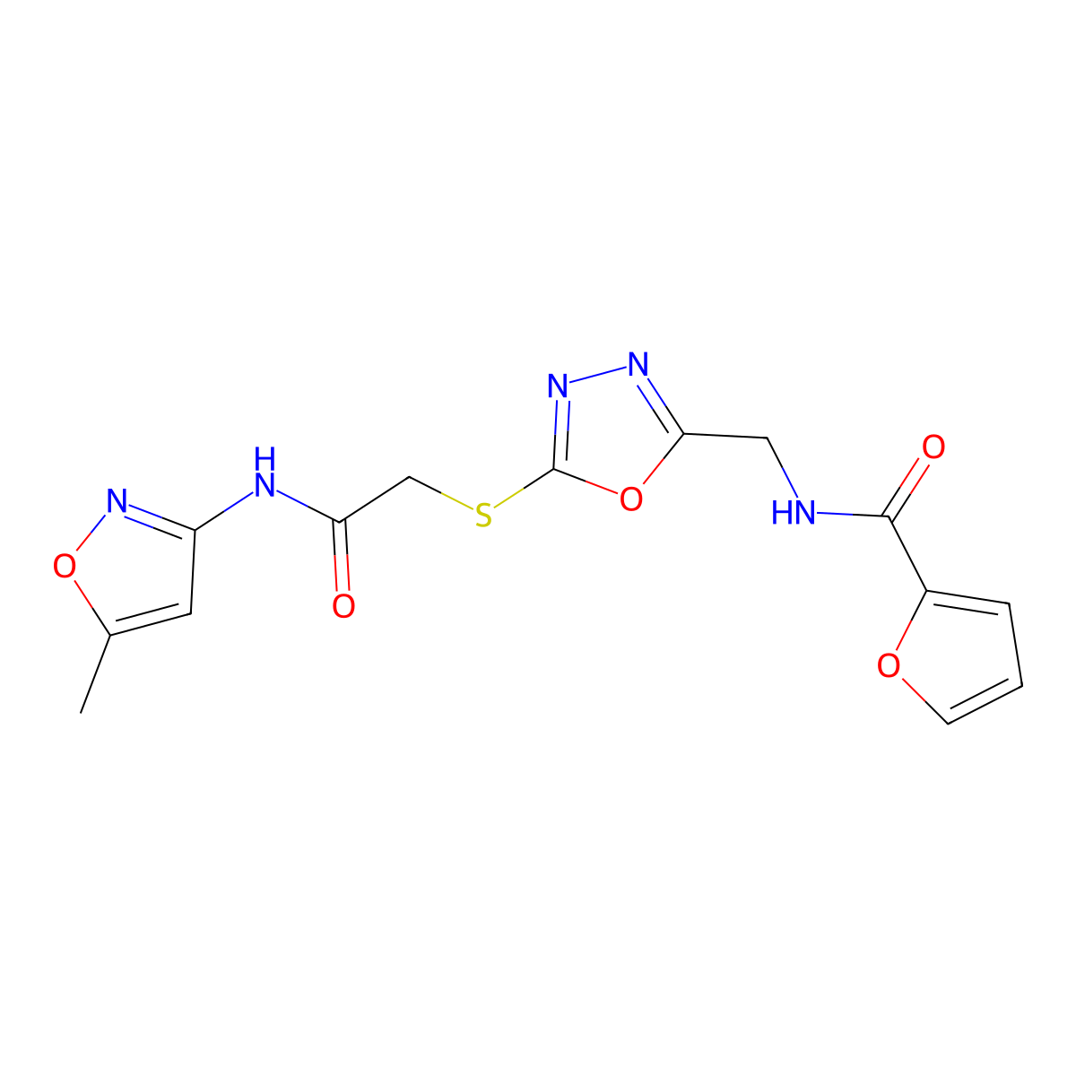 N-((5-((2-((5-methylisoxazol-3-yl)amino)-2-oxoethyl)thio)-1,3,4-oxadiazol-2-yl)methyl)furan-2-carboxamide molecular structure, CAS 851862-36-7