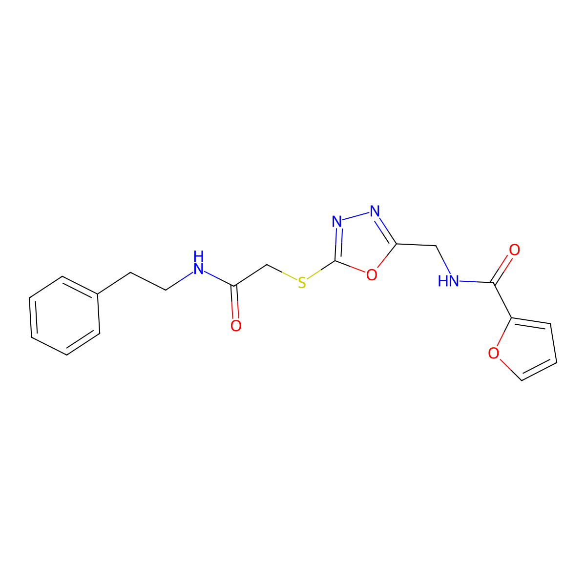 N-((5-((2-oxo-2-(phenethylamino)ethyl)thio)-1,3,4-oxadiazol-2-yl)methyl)furan-2-carboxamide molecular structure, CAS 851862-47-0