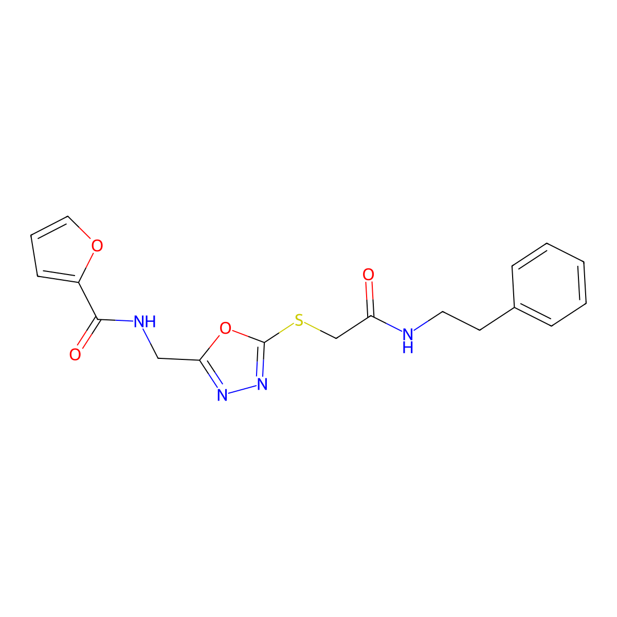 N-((5-((2-oxo-2-(phenethylamino)ethyl)thio)-1,3,4-oxadiazol-2-yl)methyl)furan-2-carboxamide molecular structure, CAS 851862-47-0