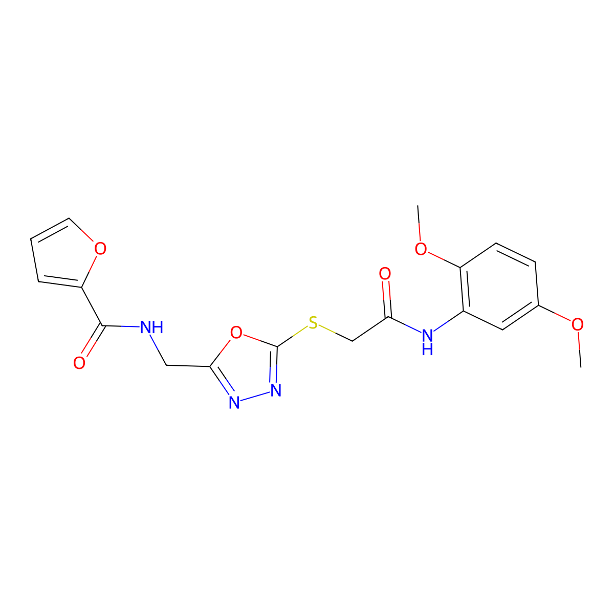 N-{[5-({2-[(2,5-dimethoxyphenyl)amino]-2-oxoethyl}thio)-1,3,4-oxadiazol-2-yl]methyl}-2-furamide molecular structure, CAS 851862-49-2