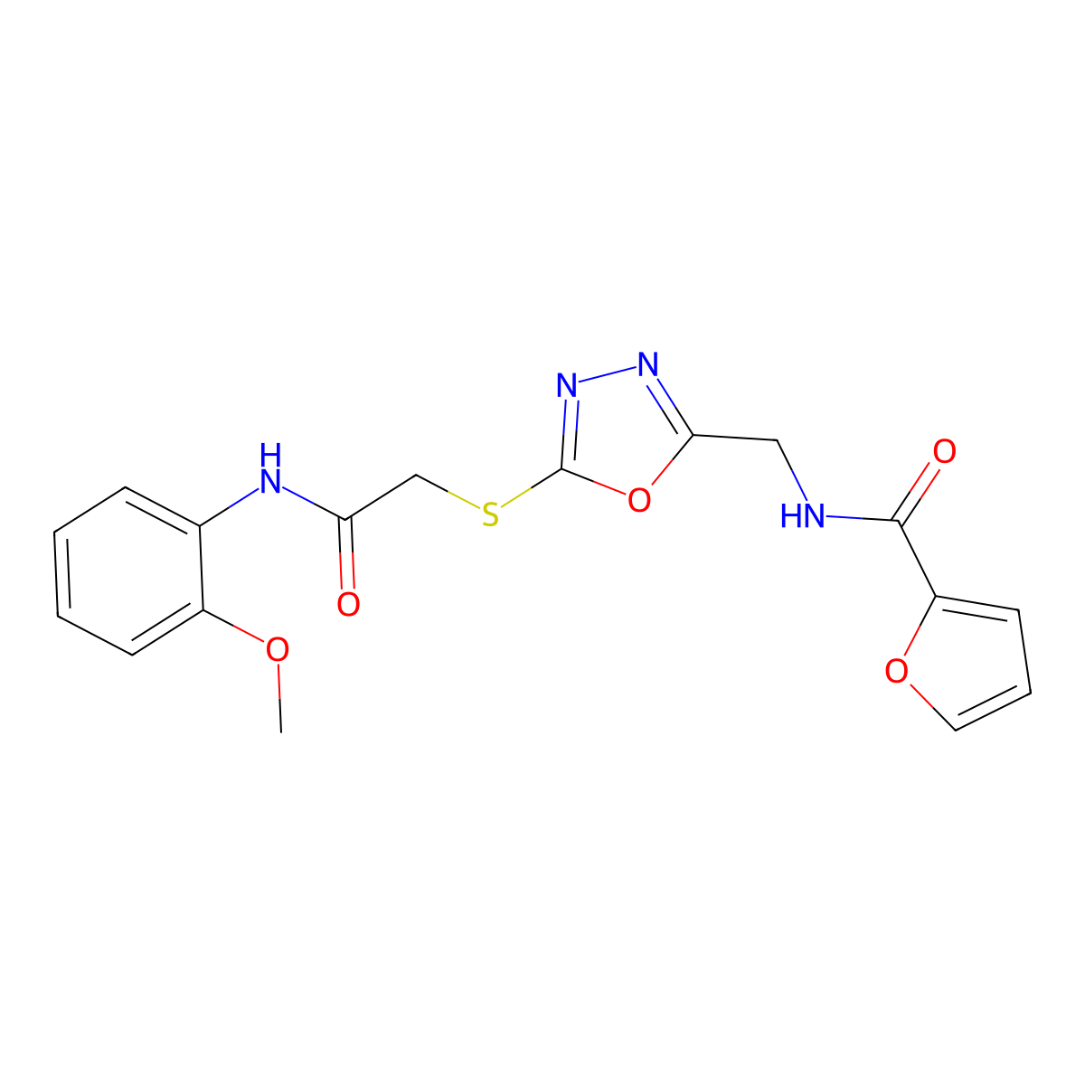 N-{[5-({2-[(2-methoxyphenyl)amino]-2-oxoethyl}thio)-1,3,4-oxadiazol-2-yl]methyl}-2-furamide molecular structure, CAS 851862-51-6