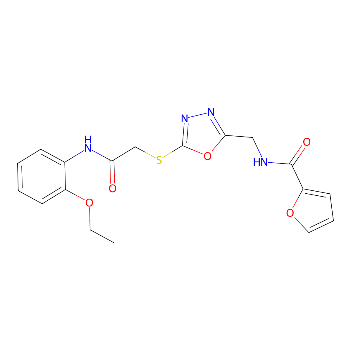 N-((5-((2-((2-ethoxyphenyl)amino)-2-oxoethyl)thio)-1,3,4-oxadiazol-2-yl)methyl)furan-2-carboxamide molecular structure, CAS 851862-52-7