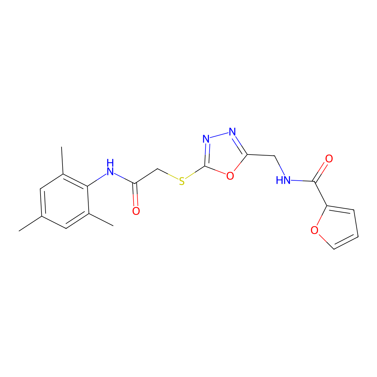 N-((5-((2-(mesitylamino)-2-oxoethyl)thio)-1,3,4-oxadiazol-2-yl)methyl)furan-2-carboxamide molecular structure, CAS 851862-53-8