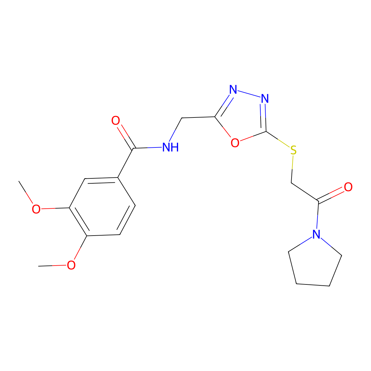 3,4-dimethoxy-N-((5-((2-oxo-2-(pyrrolidin-1-yl)ethyl)thio)-1,3,4-oxadiazol-2-yl)methyl)benzamide molecular structure, CAS 851862-61-8