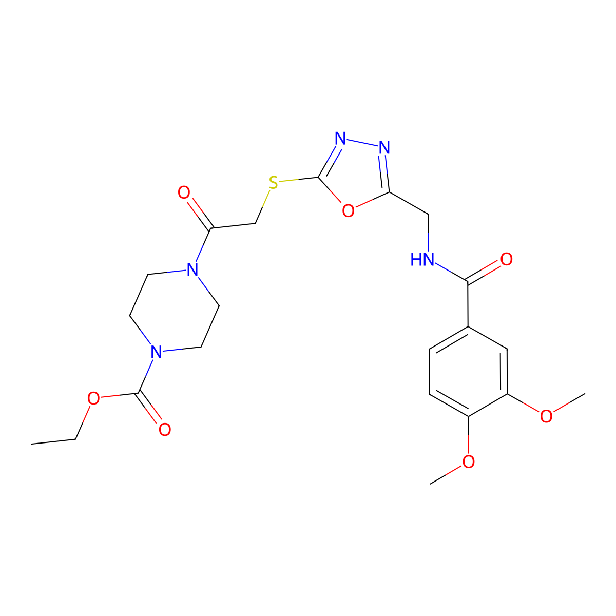 Ethyl 4-(2-((5-((3,4-dimethoxybenzamido)methyl)-1,3,4-oxadiazol-2-yl)thio)acetyl)piperazine-1-carboxylate molecular structure, CAS 851862-68-5