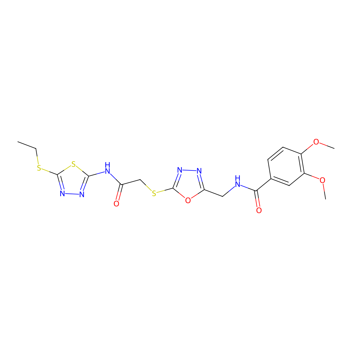N-((5-((2-((5-(ethylthio)-1,3,4-thiadiazol-2-yl)amino)-2-oxoethyl)thio)-1,3,4-oxadiazol-2-yl)methyl)-3,4-dimethoxybenzamide molecular structure, CAS 851862-73-2