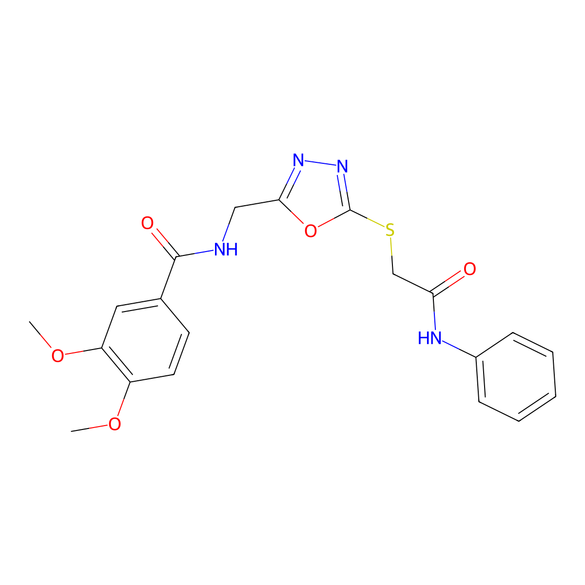 3,4-dimethoxy-N-((5-((2-oxo-2-(phenylamino)ethyl)thio)-1,3,4-oxadiazol-2-yl)methyl)benzamide molecular structure, CAS 851862-76-5
