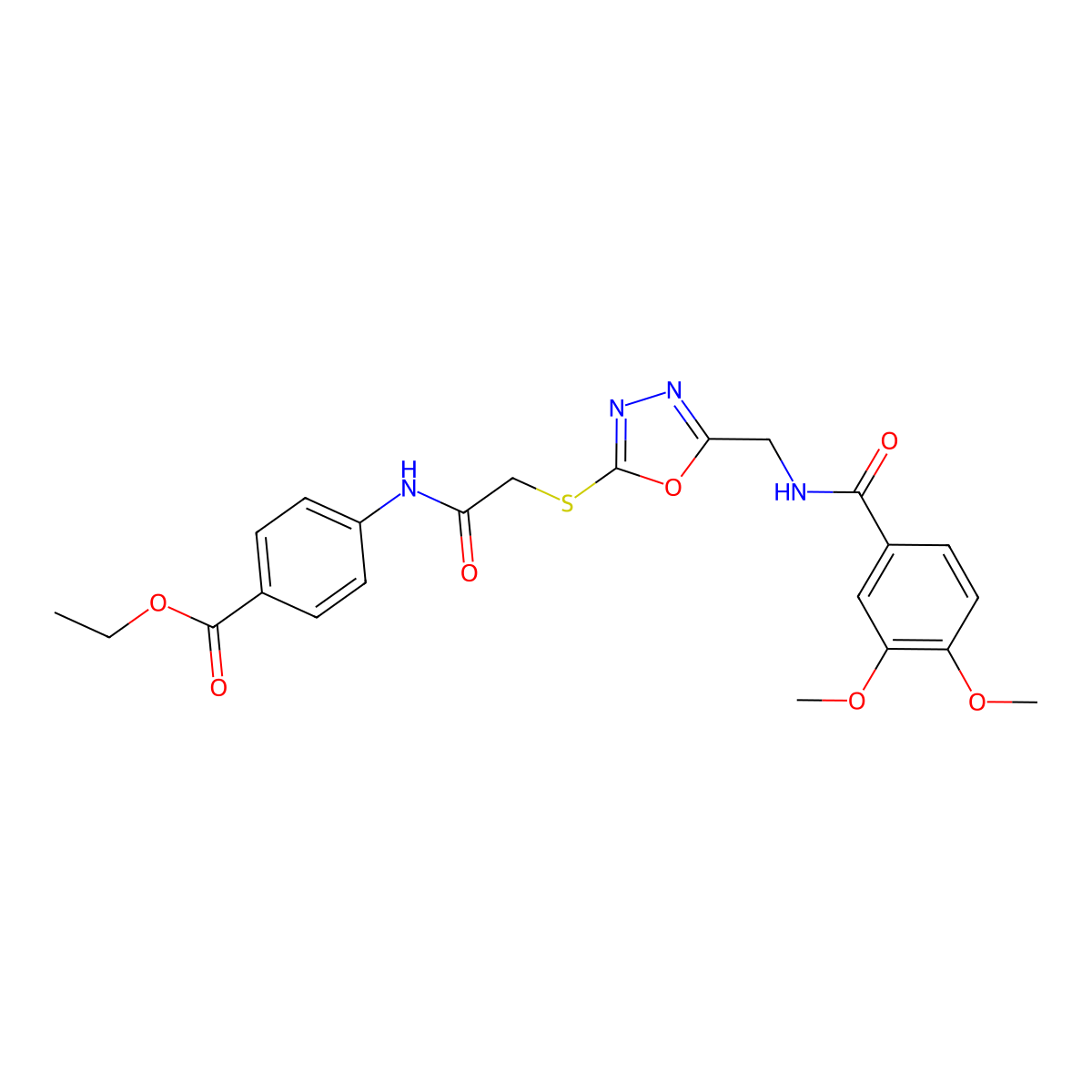 Ethyl 4-(2-((5-((3,4-dimethoxybenzamido)methyl)-1,3,4-oxadiazol-2-yl)thio)acetamido)benzoate molecular structure, CAS 851862-77-6