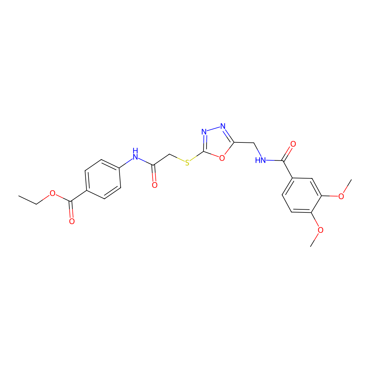 Ethyl 4-(2-((5-((3,4-dimethoxybenzamido)methyl)-1,3,4-oxadiazol-2-yl)thio)acetamido)benzoate molecular structure, CAS 851862-77-6